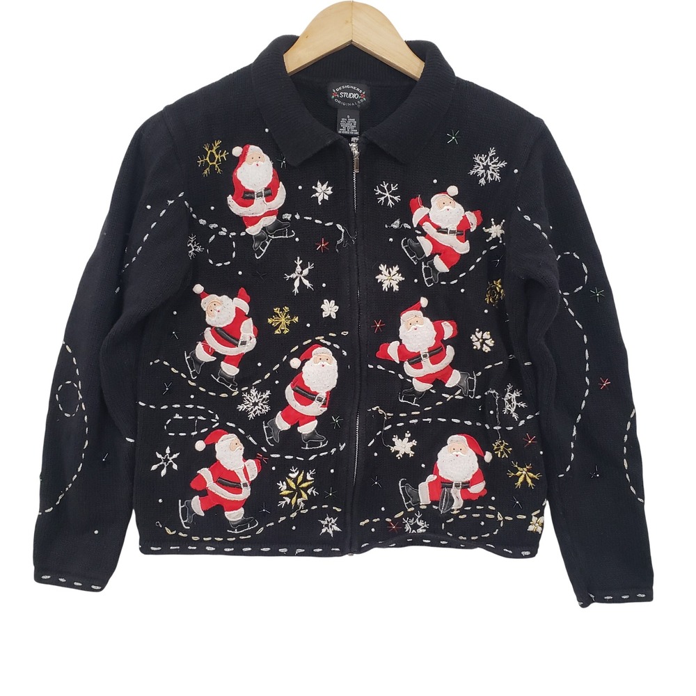 Vintage 90s Santa Sweater Womens Small Black Zip Up Ugly Christmas Kitsch‎ Party